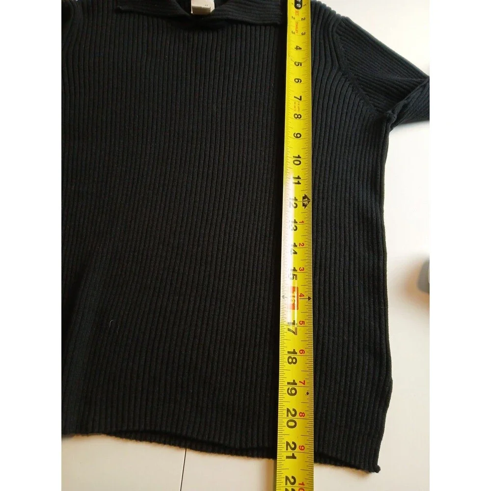 J. Jill Black Knit Johnny Collared Pullover Sweater 100% Cotton 3/4 Sleeve Med